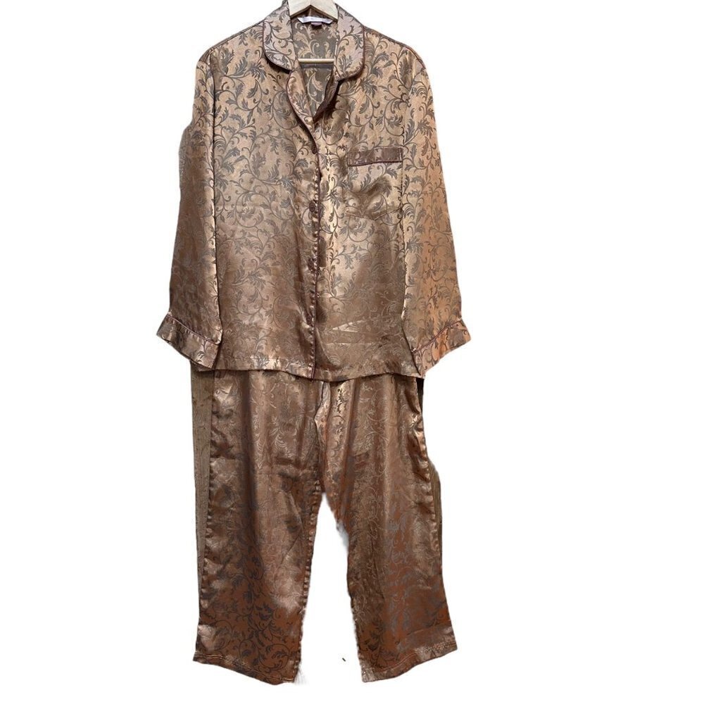 Victoria's Secret Pajamas Set Floral Imprint Button‎ Down Gold Sleepwear Size LG